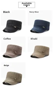 Detailed view of casual flat top army caps in five colors with metal side eyelets