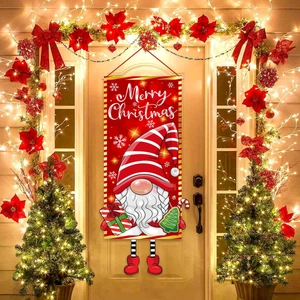 Festive Christmas Gnome door banner with Merry Christmas lettering on wooden door