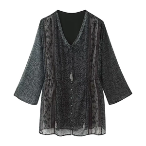 Vintage V-Ausschnitt Langarm Minikleid Mit Silbernen Metallic Fäden Paisley Druck Kordelzug Quaste Knopf Detail Für Damen