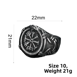 Close-up of Viking Vegvisir compass ring with detailed 21x22mm dimensions and weight