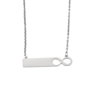 Silver stainless steel bar necklace with infinity symbol pendant on a clean white background