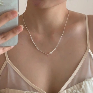Asymmetric Artificial Pearl Necklace 925 Sterling Silver Minimalist Snake Bone Bead Chain Jewelry For Women Elegant