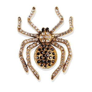 Detailed close-up of golden spider brooch with sparkling black and clear crystals