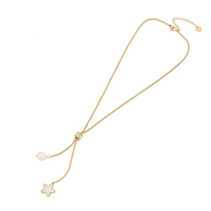 Gold stainless steel lariat necklace featuring a pearl tassel and mother of pearl star