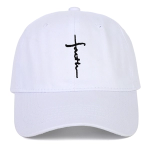 White cotton baseball cap with black faith cross embroidery in a vintage soft top style