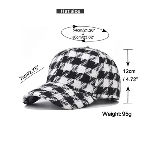 Size chart for check baseball cap with head circumference and brim measurements