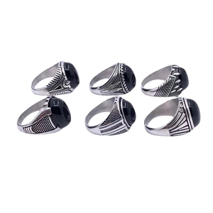 Set of 6 vintage men's silver stainless steel rings with large oval black gemstones