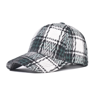 Unisex winter thick plaid baseball cap in green and white wool fabric with structured crown