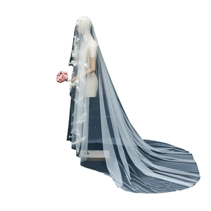Elegant 3m long bridal veil with 3D white flowers and pearls on soft white mesh