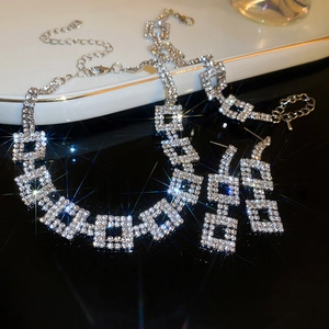 Geometric Square Link Choker Necklace Shiny Rhinestone Alloy Double Layer Clavicle Chain For Women Fashion Jewelry