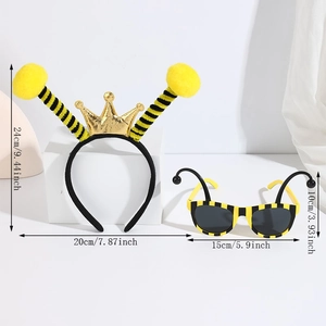 Bee headband and glasses set dimensions shown in centimeters and inches for party use