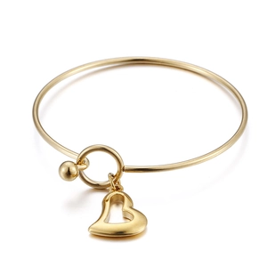 Minimalist gold stainless steel open bangle with heart pendant and bead clasp