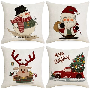 Weihnachten Kissenbezug Leinen Deko Quadratisch Kissenhülle Weihnachtsmann Schneemann Rentier LKW Sofa Deko