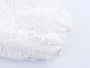 Detailed macro view of white lace fabric with intricate floral patterns and mesh texture