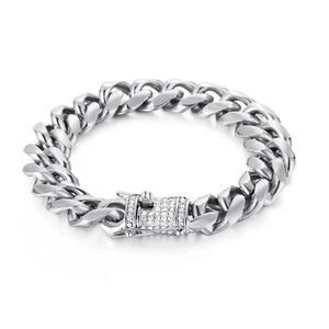 Hip hop silver stainless steel Cuban chain necklace with iced out diamond clasp