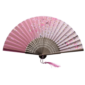 Pink folding fan with cherry blossom patterns, bamboo ribs and a matching tassel
