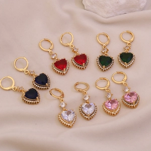 Elegant heart-shaped drop earrings with gold plating and colorful crystals in five colors