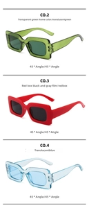 Three jelly colored square sunglasses in green, red, and blue showing retro frame details