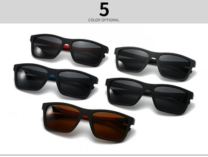 Detailed display of polarized sunglasses in five colors with matte rectangular frames