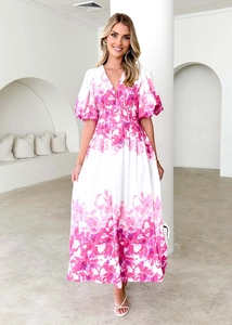 Detail of floral V-neck maxi dress with puff sleeves and gradient flower print
