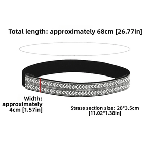 Detail view of black elastic waist belt with sparkling double-row V-shaped rhinestones