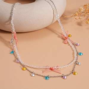 Two-layer stainless steel necklace with pink bows and colorful crystal waterdrop pendants