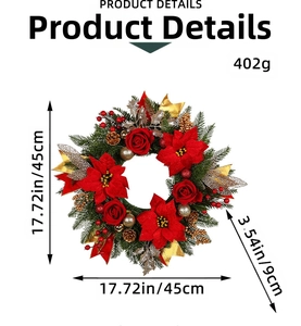 Detailed view of 45cm Christmas wreath featuring red roses, pine cones and size specs