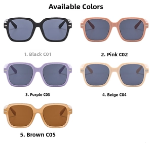 Options de couleurs pour lunettes de soleil carrées en noir, rose, violet, beige et thé