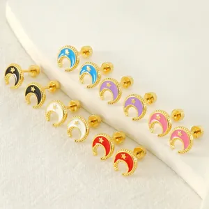 Star Moon Stud Earrings 18K Gold Plated Stainless Steel Enamel Screw Back Elegant Sweet Ins Style Jewelry For Women