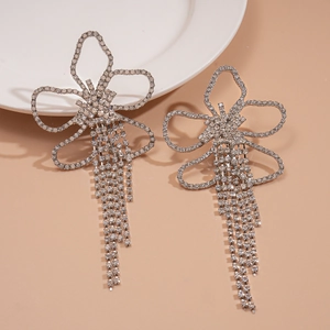 Luxury oversized flower rhinestone tassel drop earrings with sparkling silver needles