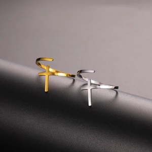 Minimalist stainless steel open cross rings in gold and silver finishes for men and women