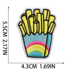 Detailed size measurement showing a 5.5cm tall French fries embroidered patch with dimensions