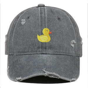 Distressed dark grey washed cotton baseball cap with yellow duck embroidery and ripped details