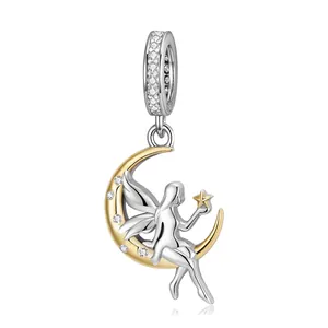 925 Sterling Silver Moon Fairy Charm Two Tone Gold Plated Angel Star Pendant With White Cubic Zirconia DIY Jewelry