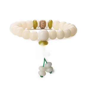 Polished white Bodhi root bead bracelet with green spacer and auspicious lotus pendant