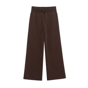 Women's dark brown casual knit set featuring lapel long sleeve top and wide-leg stripe pants