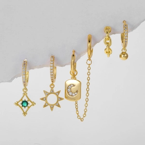 Fashion Celestial Star Moon Copper Earring Set For Women Gold Silver Plated Zirconia Chain Tassel Hoop Stud Earrings Jewelry