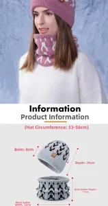 Detailed size chart for winter knitted hat and neck warmer set with clear measurements