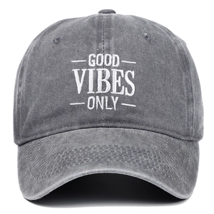 Vintage dark gray washed cotton baseball cap with Good Vibes Only white embroidery