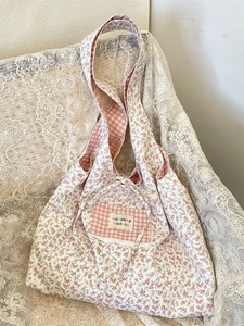 Floral canvas tote bag with pink plaid pocket and lace trim for women daily use