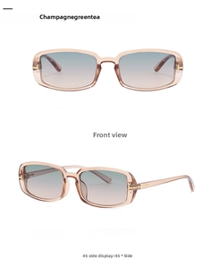 Close-up of champagne rectangle sunglasses featuring gold T-shaped temple hardware