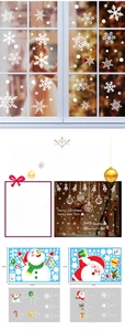 Close-up of static snowflake window stickers showing dimensions and Santa Claus patterns