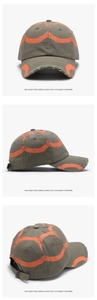 Detailed views of gray-green vintage baseball cap with orange print and adjustable buckle