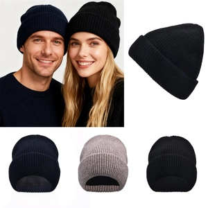 Double Layer Warm Wool Knit Beanie Hat For Men Women Winter Outdoor Striped Ribbed Cuff Beanie Hat