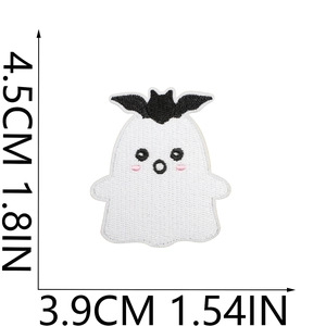 Detailed size specifications for the ghost embroidery patch with a black bat design