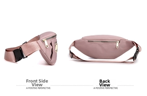 Detail view showing pale pink nylon waist bag with gold zippers and back anti-theft pocket