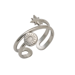 Detail view of adjustable silver steel ring featuring double bands and star relief motifs