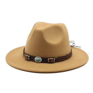 Detailed view of camel wool felt fedora featuring dark brown band with turquoise stone