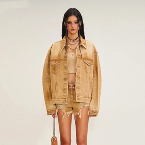 Distressed khaki denim jacket and frayed shorts set with vintage washed finish