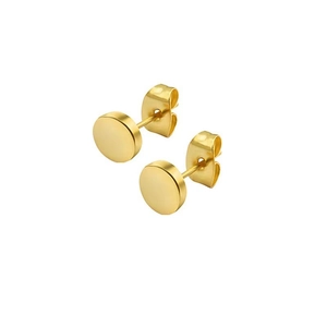 Minimalistische runde Gold-Ohrstecker aus Edelstahl mit gebürstetem Matt-Finish auf Weiß